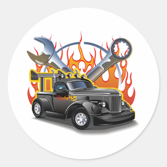 Cartoon retro hot rod classic round sticker (Front)