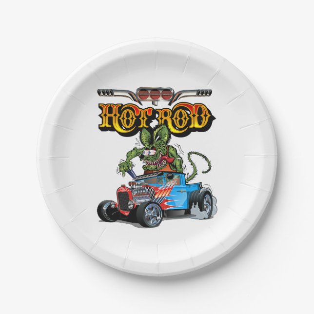 Cartoon retro hot rod paper plate (Front)