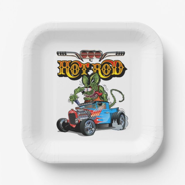Cartoon retro hot rod paper plate (Front)