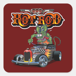 Cartoon retro hot rod square sticker