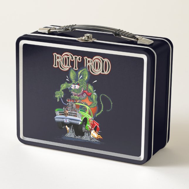 Cartoon retro rat rod metal lunch box (Front)