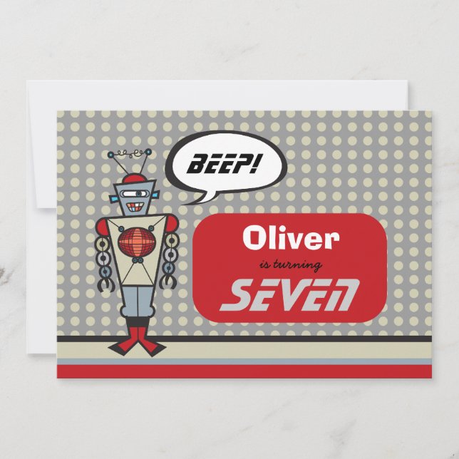 Cartoon Retro Robot Cute Kids Boy Birthday Party Invitation (Front)