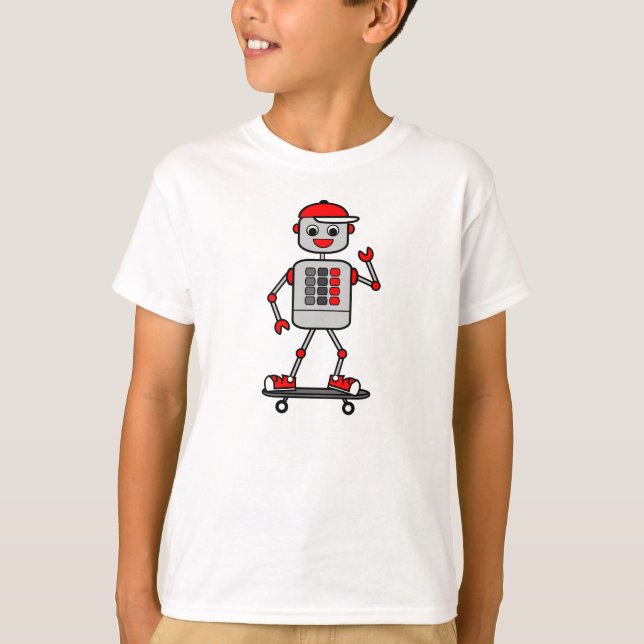 Cartoon Robot Boy on Skateboard T-Shirt (Front)