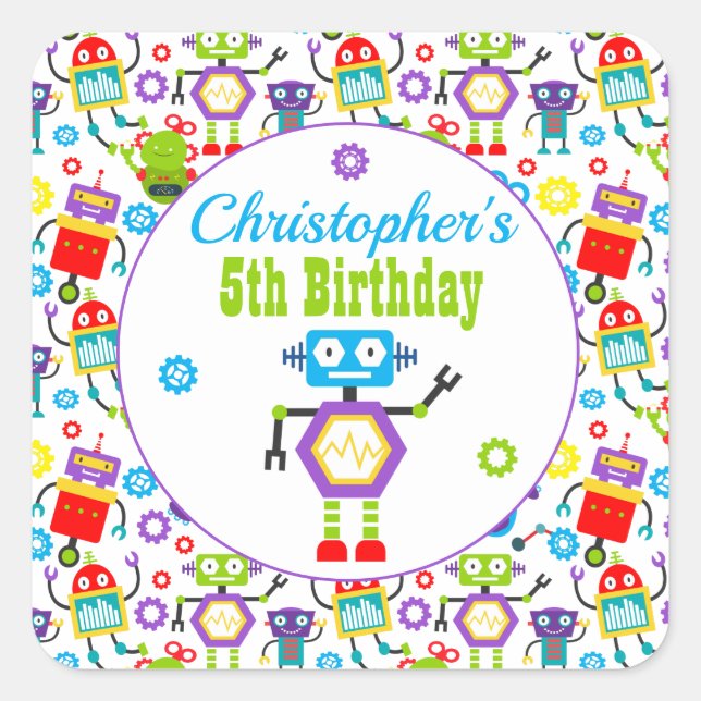 Cartoon Robot Theme Birthday Party Square Sticker (Front)