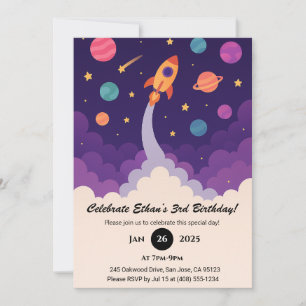 Cartoon Rocket & Colorful Galaxy Birthday  Invitation