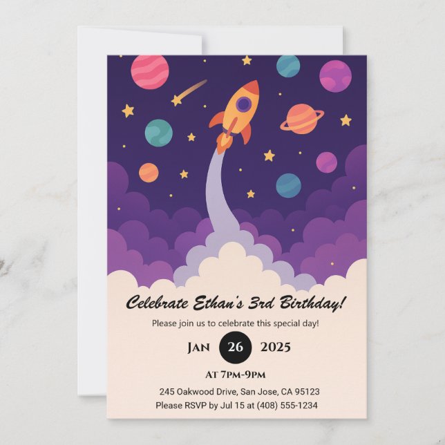 Cartoon Rocket & Colourful Galaxy Birthday  Invitation (Front)
