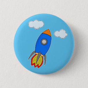 Cartoon Rocket In Blue Sky 6 Cm Round Badge