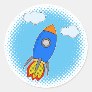 Cartoon Rocket In Blue Sky Halftones  Classic Round Sticker