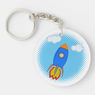 Cartoon Rocket In Blue Sky Halftones Key Ring