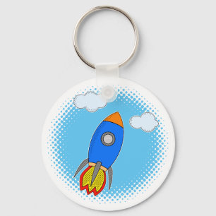 Cartoon Rocket In Blue Sky Halftones Key Ring