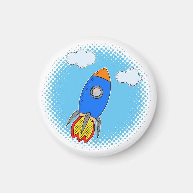 Cartoon Rocket In Blue Sky Halftones Magnet (Front)