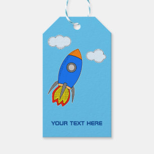 Cartoon Rocket In Blue Sky Kids Party Gift Tags