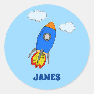 Cartoon Rocket In Blue Sky Nursery Decor Editable Classic Round Sticker