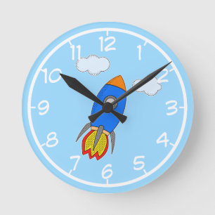 Cartoon Rocket In Blue Sky Nursery Decor Round Clock