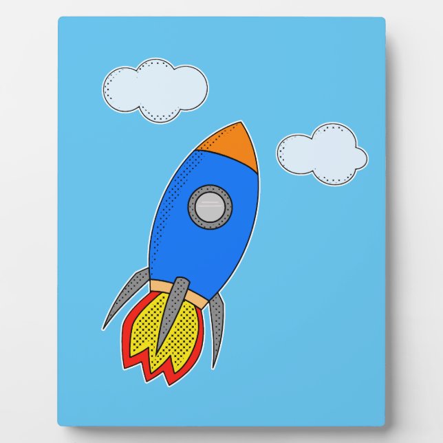Cartoon Rocket In Blue Sky Plaque (Front)