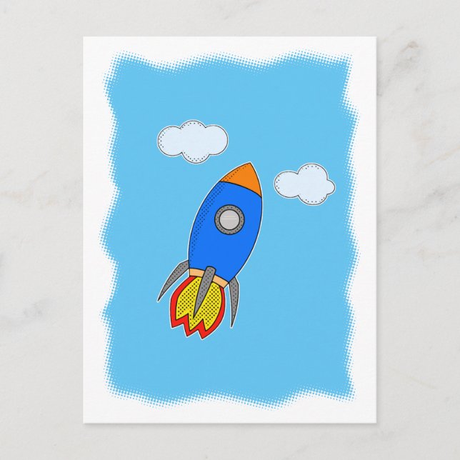 Cartoon Rocket In Blue Sky Postcard (Front)