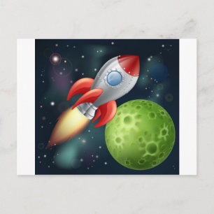 Cartoon rocket in space postcard