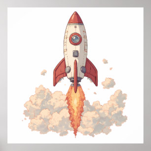 Cartoon Rocket Launching with Fiery Exhaust Poster
