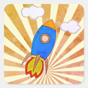 Cartoon Rocket Retro Sunset Square Sticker