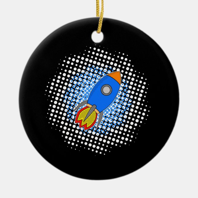Cartoon Rocket With Halftones Galaxy Ceramic Tree Decoration (Front)