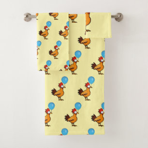 Cartoon Rooster Holding Blue Balloon Bath Towel Set