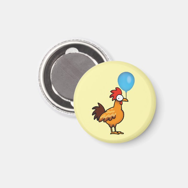 Cartoon Rooster Holding Blue Balloon Magnet (Front/Back)