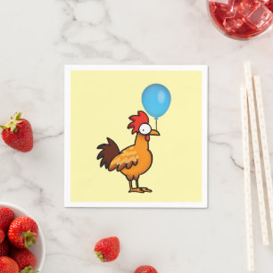 Cartoon Rooster Holding Blue Balloon Napkin