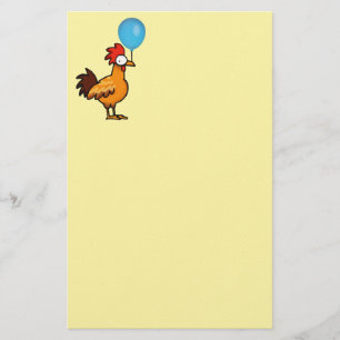 Cartoon Rooster Holding Blue Balloon Stationery