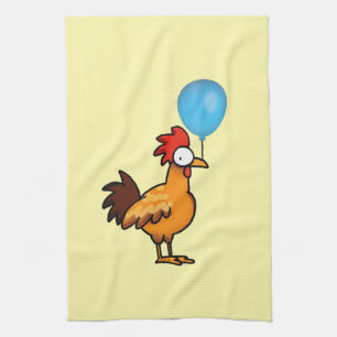 Cartoon Rooster Holding Blue Balloon Tea Towel