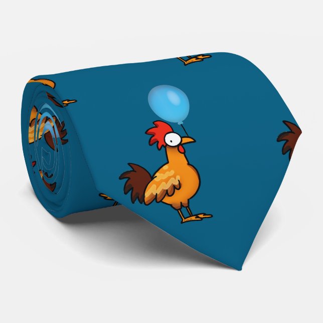 Cartoon Rooster Holding Blue Balloon Tie (Rolled)