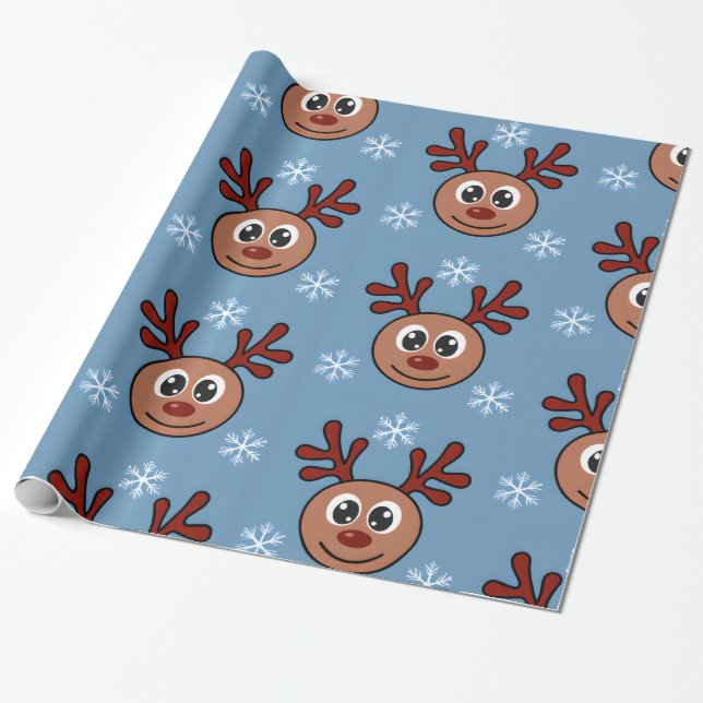 Cartoon Rudolph Red Nosed Reindeer and Snowflakes  Wrapping Paper (Unrolled)