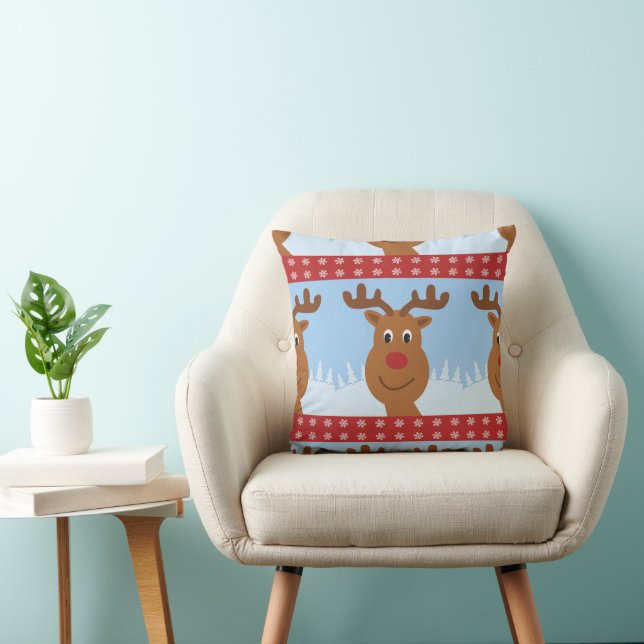 Cartoon Rudolph the Reindeer Reversible Red Cushion (Chair)