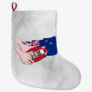 Cartoon Rugby Ball Pass New Zealand Flag Large Christmas Stocking