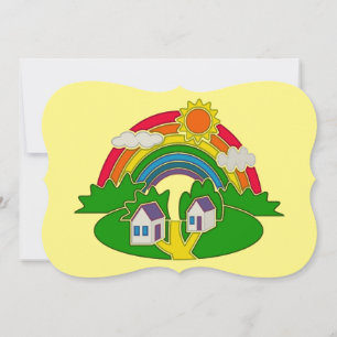 Cartoon rural scene with rainbow and country house