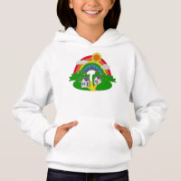 Cartoon rural scene with rainbow and country house