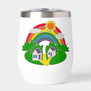 Cartoon rural scene with rainbow and country house