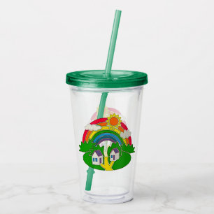 Cartoon rural scene with rainbow and country house acrylic tumbler