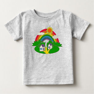 Cartoon rural scene with rainbow and country house baby T-Shirt