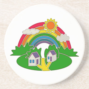 Cartoon rural scene with rainbow and country house coaster