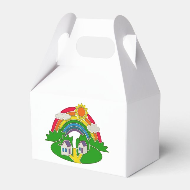 Cartoon rural scene with rainbow and country house favour box (Front Side)