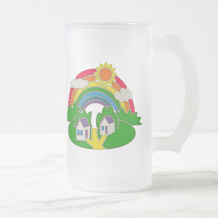Cartoon rural scene with rainbow and country house frosted glass beer mug