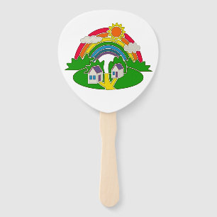 Cartoon rural scene with rainbow and country house hand fan