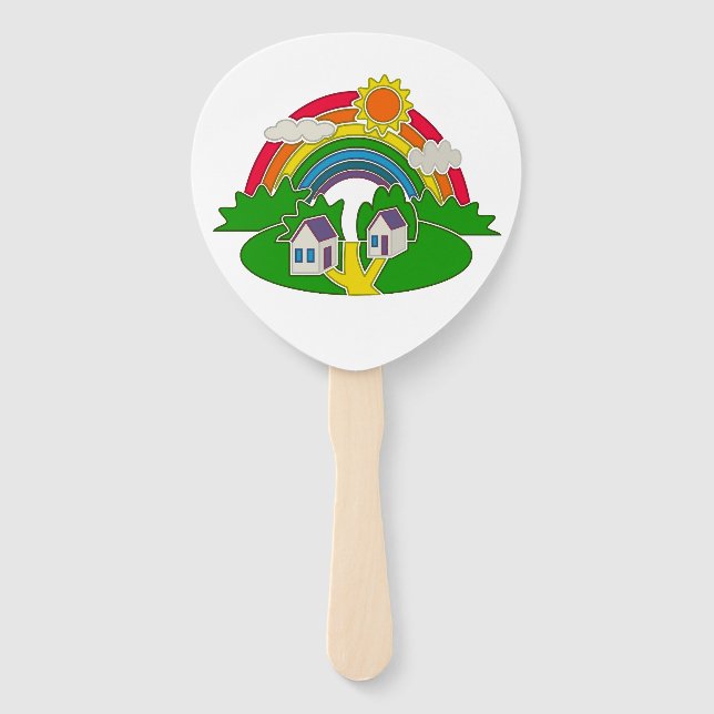 Cartoon rural scene with rainbow and country house hand fan (Front)