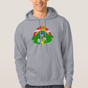 Cartoon rural scene with rainbow and country house hoodie