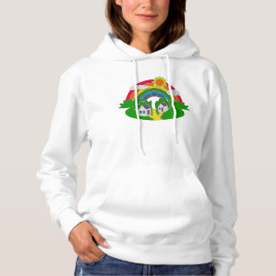 Cartoon rural scene with rainbow and country house hoodie