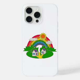 Cartoon rural scene with rainbow and country house iPhone 15 pro max case