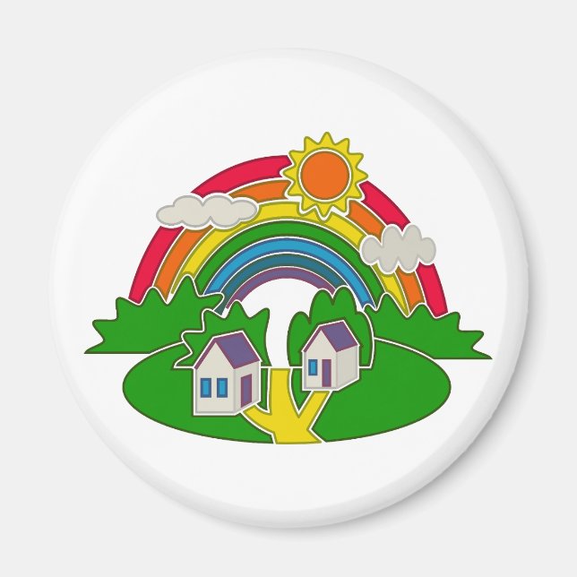Cartoon rural scene with rainbow and country house magnet (Front)
