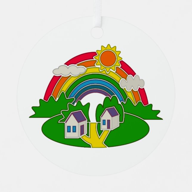 Cartoon rural scene with rainbow and country house metal tree decoration (Front)