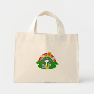 Cartoon rural scene with rainbow and country house mini tote bag
