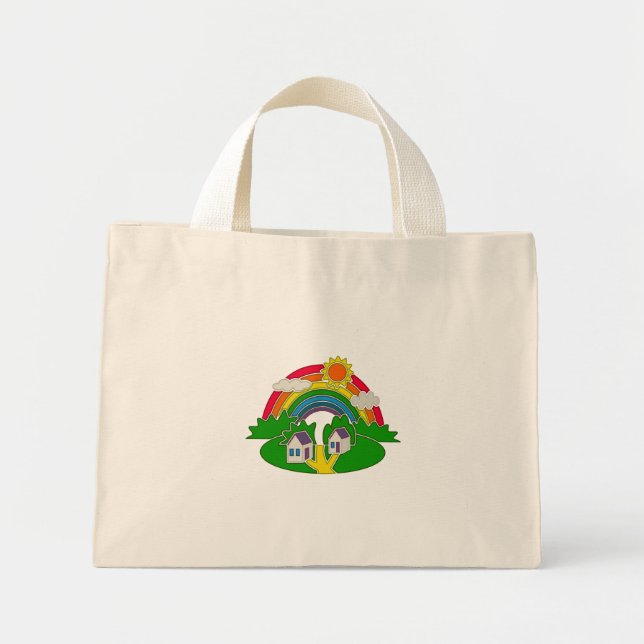Cartoon rural scene with rainbow and country house mini tote bag (Front)